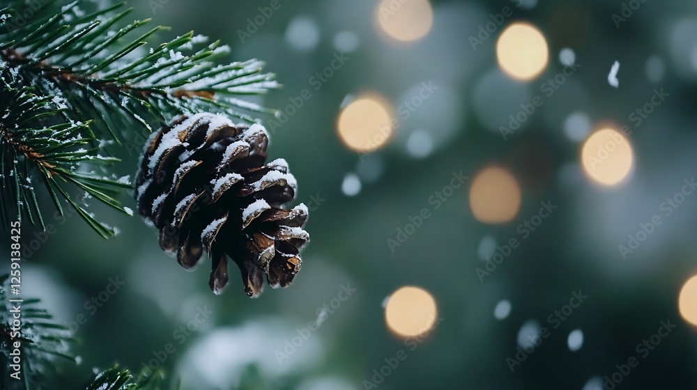 Poster Snow Covered Pine Cone Hanging on Evergreen Branch with Soft Blurred Lights in Background : Generative AI