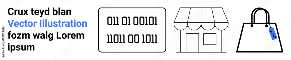 Poster text placeholder beside binary code, storefront, and bag with tag, representing e-commerce, digital 