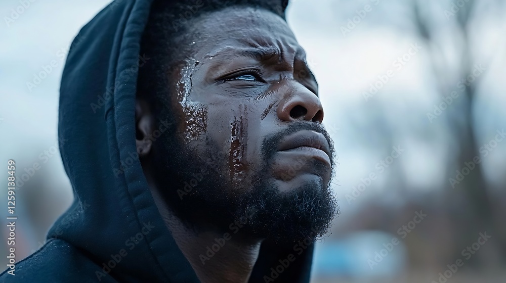 Poster Emotionally Charged Close-Up of a Man with a Pensive Expression in Urban Setting : Generative AI
