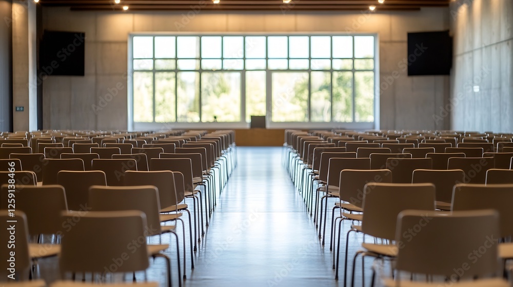 Fototapete modern conference room with rows of empty chairs and natural light streaming through large windows :