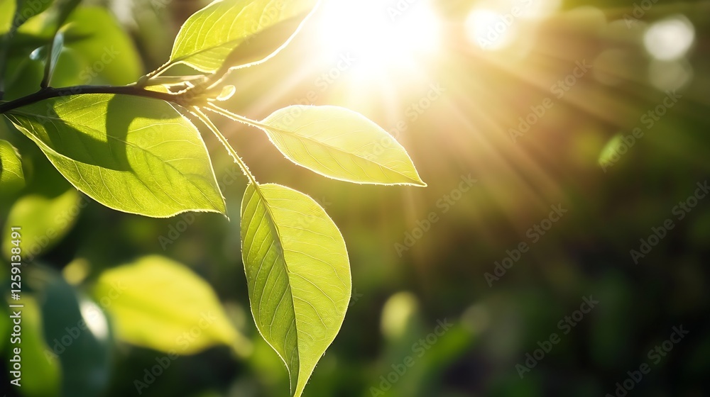 Poster sunlight filtering through green leaves creating a serene natural background with vibrant colors : g
