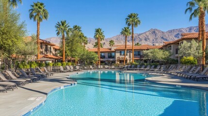 Spacious resort pool surrounded by palm trees, sun loungers, and tropical drinks.