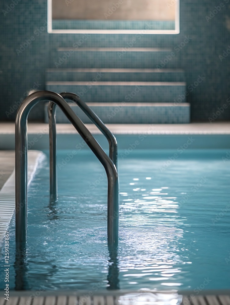 Poster inviting swimming pool scene with sleek metal railings and a serene turquoise water finish : generat