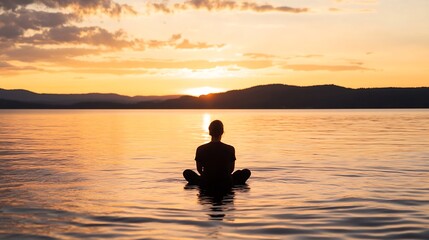 Silhouette of a Tranquil Man Meditating by the Serene Lake During Stunning Sunset : Generative AI