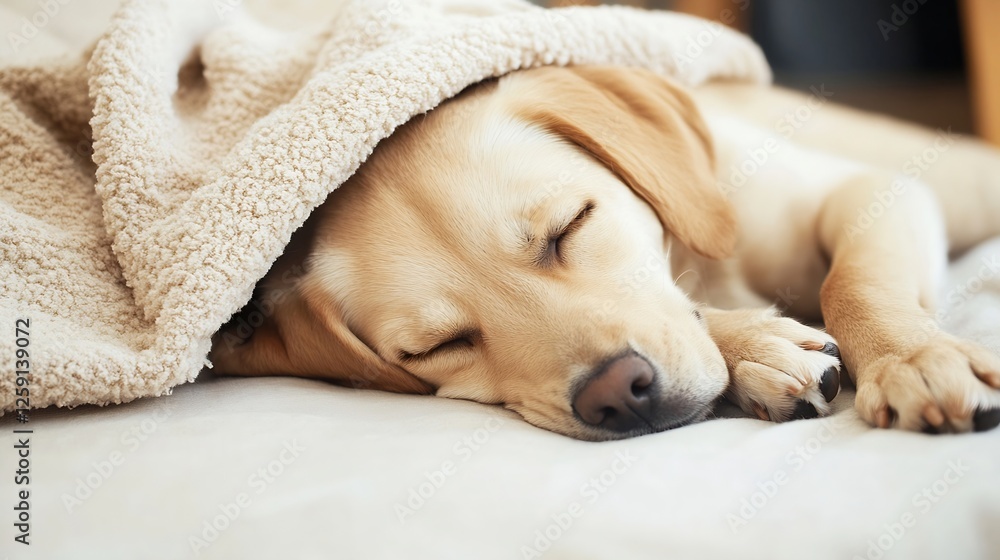 Aufkleber sleeping labrador puppy wrapped in soft blanket relaxing on cozy bed : generative ai