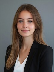 Obraz premium Professional young woman portrait with elegant smile in business attire against neutral background : Generative AI