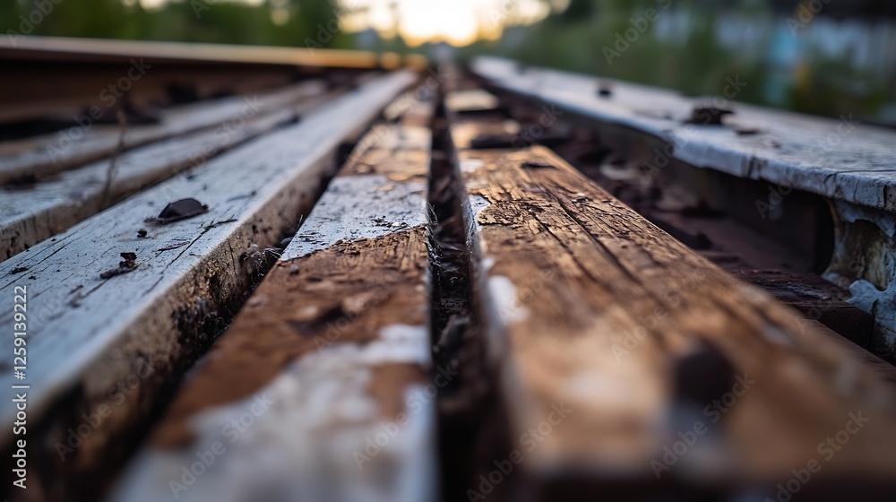 Aufkleber close up of old weathered wooden planks leading towards a soft sunset in rural setting : generative 