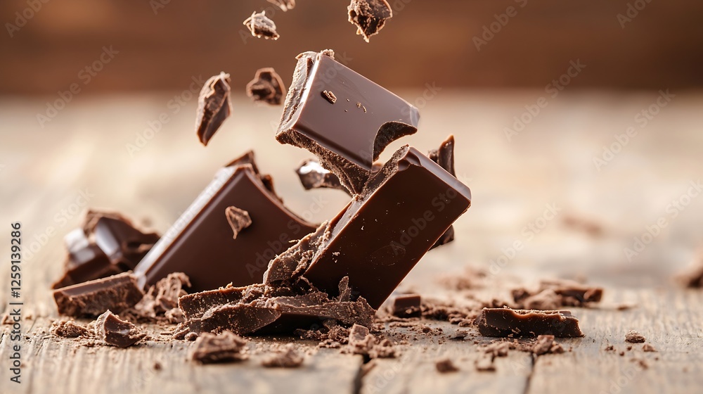 Poster delicious dark chocolate bars with chunks and crumbles on rustic wooden surface : generative ai