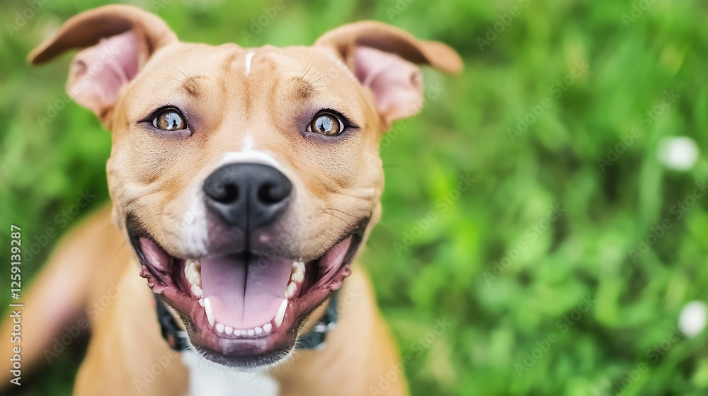 Poster happy dog showing mouth and tongue in vibrant green grass capturing joy and playfulness : generative
