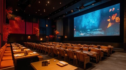 Luxurious private cinema with dining tables and comfortable seating.