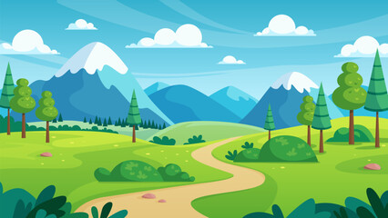 Summer landscape with road between bright green hills to mountain range on horizon. Sunny simple countryside scenery, pasture meadow and pine trees, clouds in blue sky cartoon vector illustration © Flash Vector
