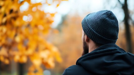 Stylish Man in Knitted Beanie Outdoors with Colorful Autumn Leaves in Background : Generative AI