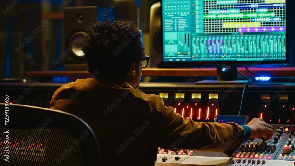 Fototapete Sound designer uses mixing console and managing audio tracks, twisting knobs on control desk for adjusting tunes and volume. Producer creates music in professional studio, technical gear. Camera A.