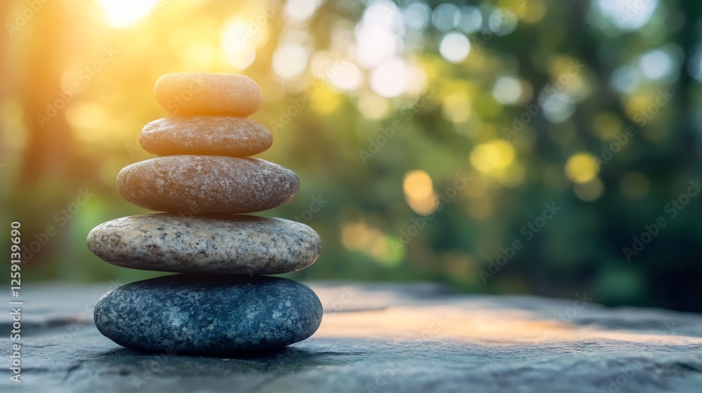 Poster balanced stones in nature with warm sunlight creating a serene atmosphere : generative ai