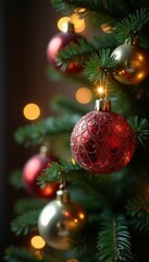 Shiny baubles adorn a glittering Christmas tree, christmas tree decorations, glowing ornaments