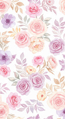 Roses, peonies Soft Pastel Floral Watercolor Wallpaper Background