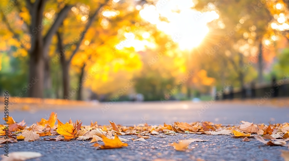 Poster beautiful autumn leaves on the ground with warm sunlight shining through trees in a serene park sett