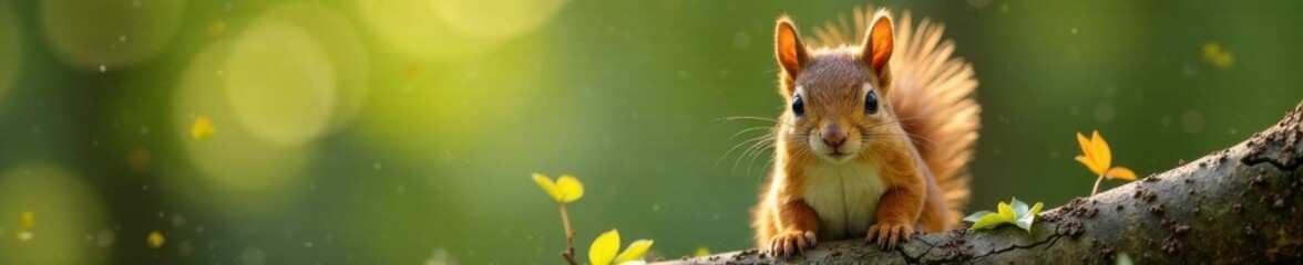 Obraz premium Playful squirrel peeking out from behind a tree branch with a few leaves scattered on its fur, squirrel, cute, animals