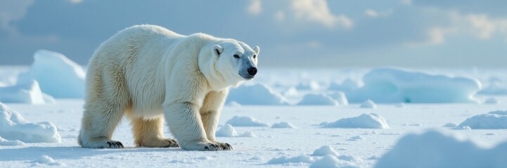 Fototapeta premium Polar bear crouched low on snowy terrain with eyes forward, polar bear, icy, arctic