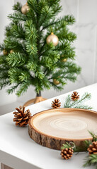 christmas tree with pine cone and decor xmas ball and empty wood log plate on white table and marble tile wall background.clean minimal simple style.holiday still life mockup to display design, coll