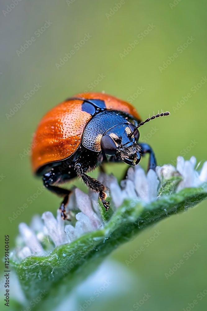 Poster close up of colorful ladybug clinging to green leaf with bright background : generative ai