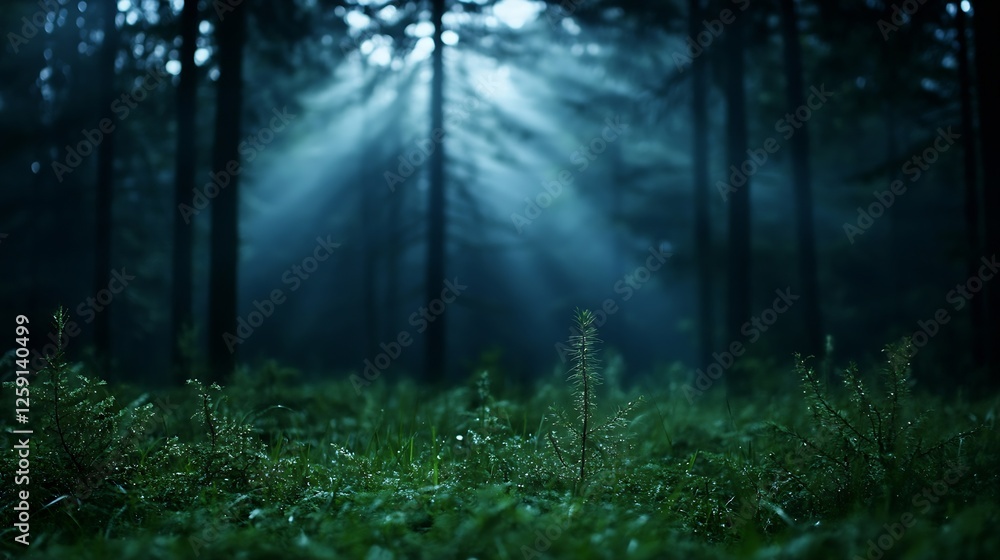 Poster Misty Forest With Rays Of Light Shining Through Tree Canopy : Generative AI