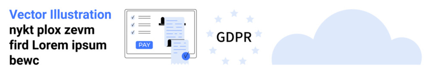 Secure document with GDPR compliance text next to a cloud icon. Ideal for data protection, cloud storage, privacy policy, compliance, online security, regulations, abstract line flat metaphor