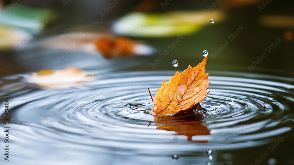 Aufkleber Elegant Autumn Leaf Floating on Water with Ripples and Drop of Water for Nature Scene : Generative AI