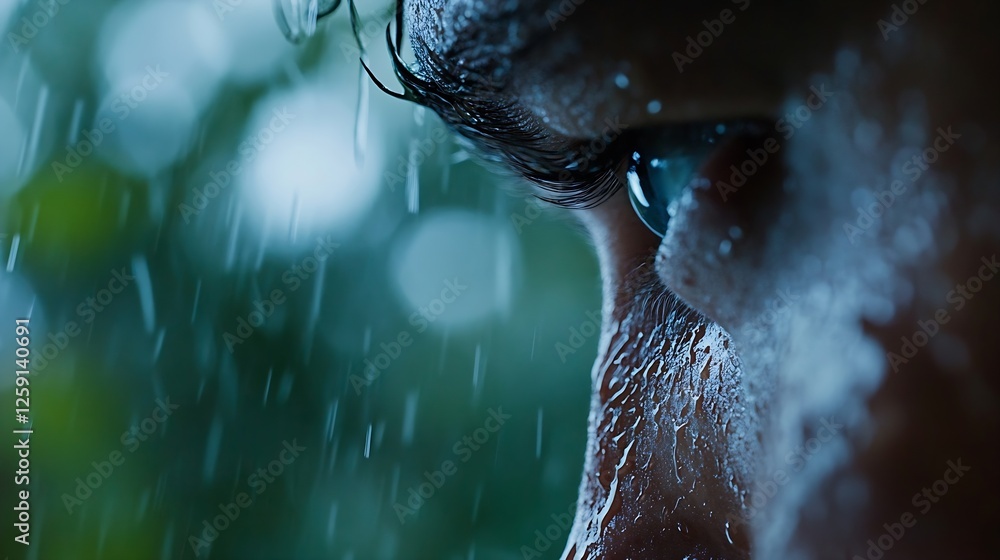 Poster close up of eye with rain droplets on eyelashes and blurry background : generative ai