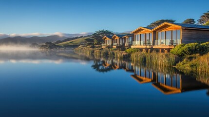 Obraz premium Tranquil lakeside retreat with wooden lodges and stunning reflections on the water.