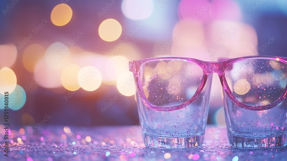 Poster vibrant colorful glasses surrounded by bokeh light effects in a dreamy scene : generative ai