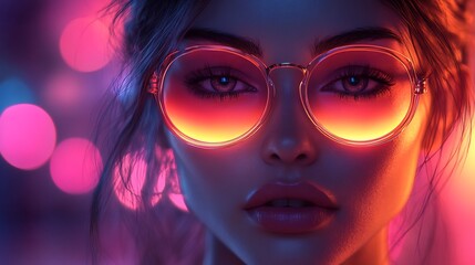 Woman Wearing Neon Sunglasses with Vibrant Pink and Orange Reflections on Face