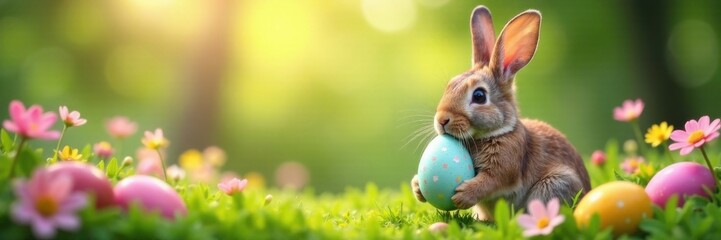 Obraz premium Rabbit holding an Easter egg amidst flowers and greenery, card, rabbit, spring