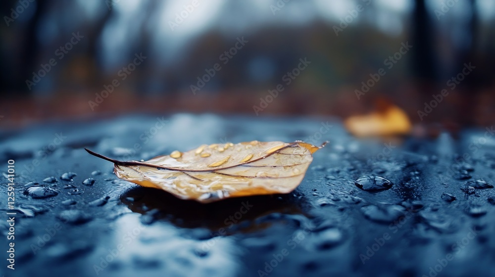 Poster Close Up of a Wet Autumn Leaf with Raindrops on a Dark Surface in a Moody Setting : Generative AI