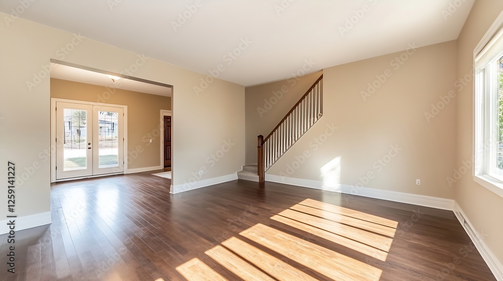 Aufkleber spacious empty room with light streaming through windows and polished wooden floor creating a bright