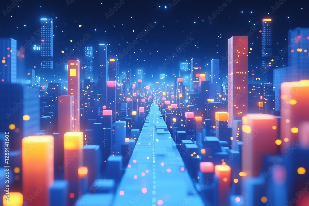Poster a futuristic cityscape with glowing skyscrapers and a vibrant pathway. the scene is illuminated with