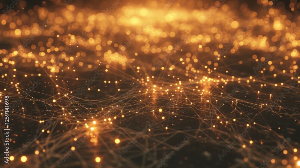 Poster a mesmerizing abstract visualization of a glowing golden network, representing data, technology, and