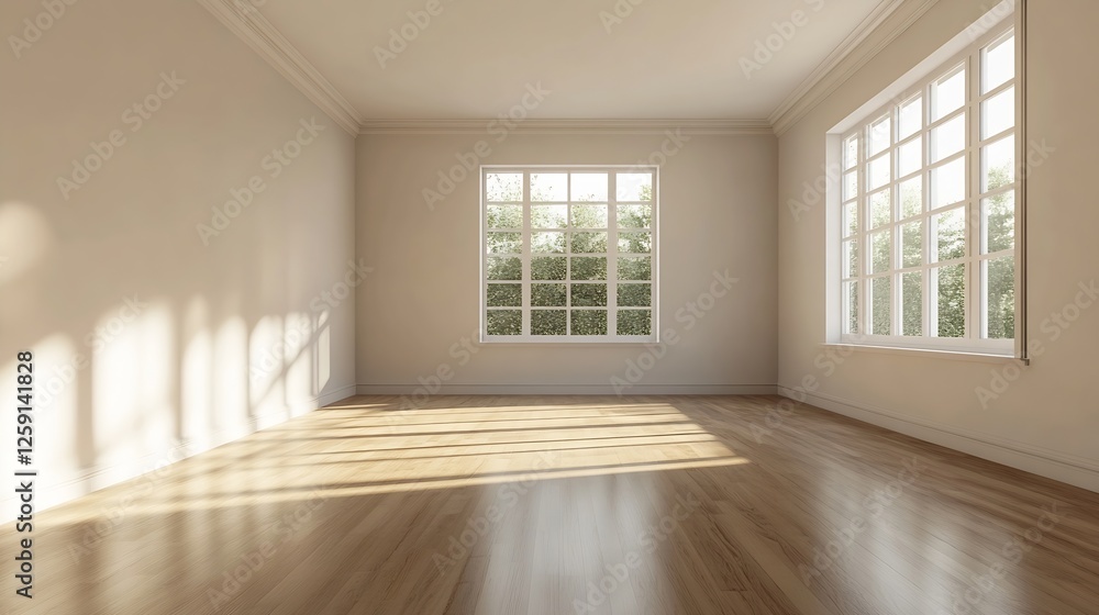 Poster bright empty room with natural light streaming through large windows creating a peaceful atmosphere 