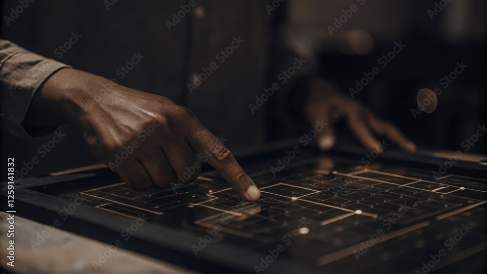 Poster a closeup of a hand manipulating a holographic interface with a focused expression illustrating the 