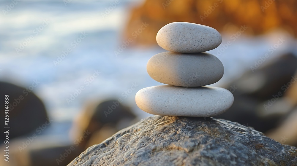 Aufkleber tranquil stack of three smooth pebbles on a rocky shoreline : generative ai