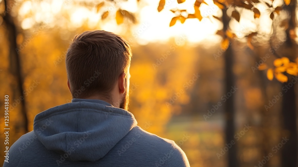 Poster silhouette of a man standing in a tranquil autumn setting surrounded by colorful leaves and soft sun