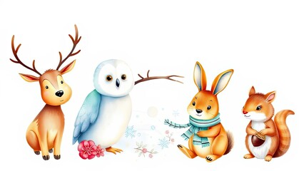 Naklejka premium Cute Winter Animals Deer Owl Bunny Squirrel Illustration