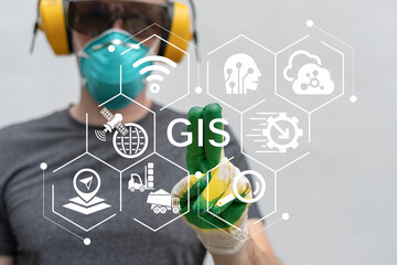 Worker using virtual touch screen push button with text: GIS. GIS Geographic Information System Modern Navigation Industry Transportation Concept.