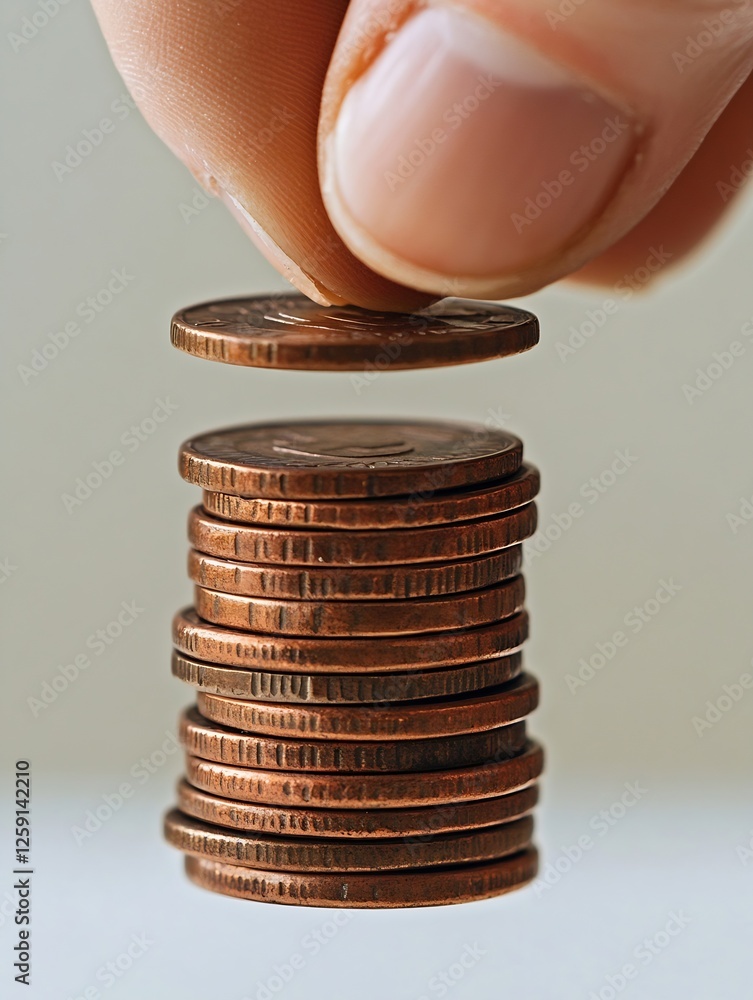 Aufkleber Close Up of a Hand Holding a Stacked Pile of Copper Coins in a Minimalistic Setting : Generative AI