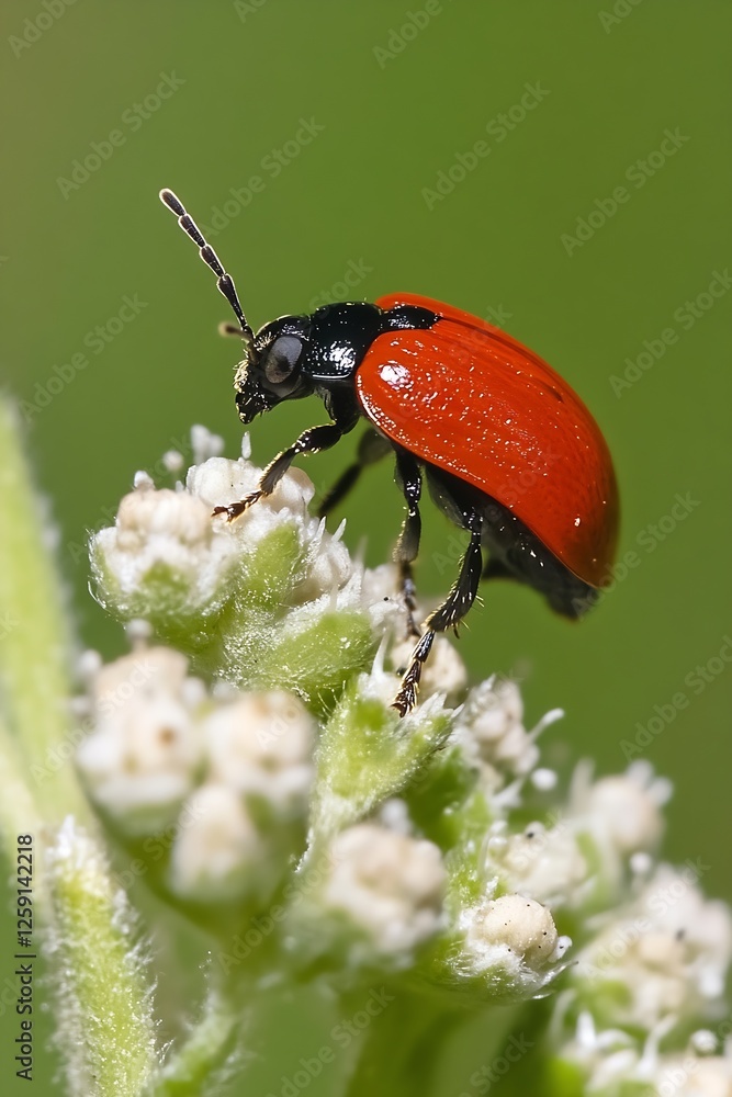 Poster close up of a vibrant red beetle resting on a flower in nature : generative ai