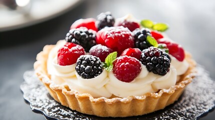 Delicious Fresh Berry Tart with Whipped Cream and Mint Garnish Perfect for Summer Desserts : Generative AI