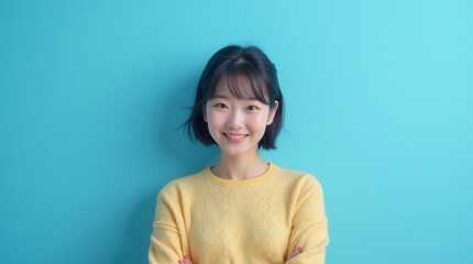 Obraz premium Happy Asian Young Woman Smiling Against Blue Background