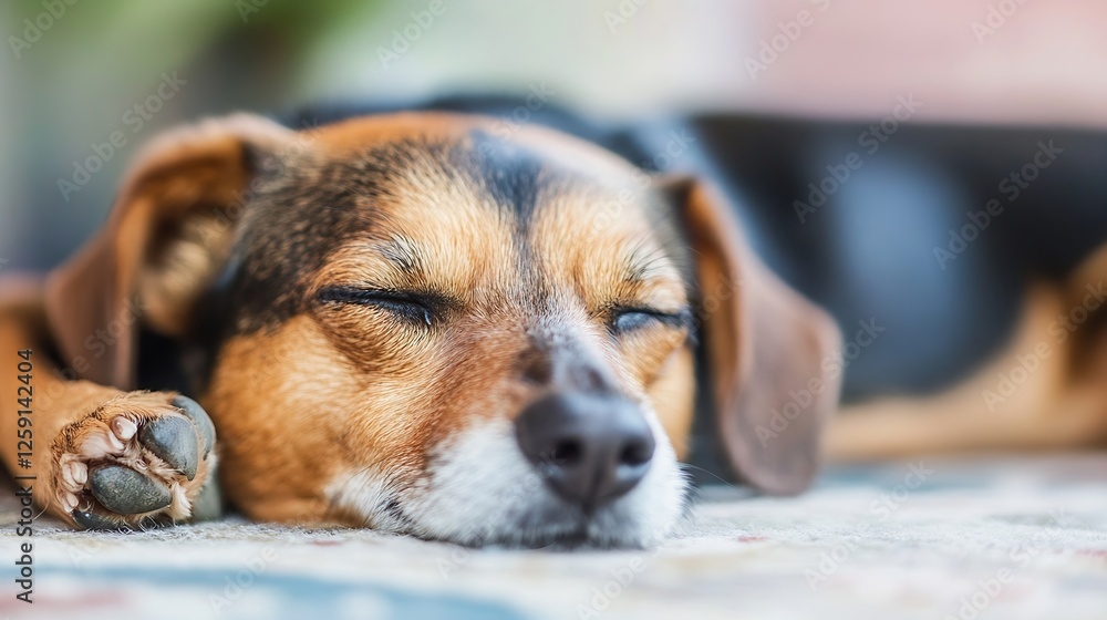 Poster Cute sleeping dog resting on a cozy surface capturing a moment of tranquility and comfort : Generative AI