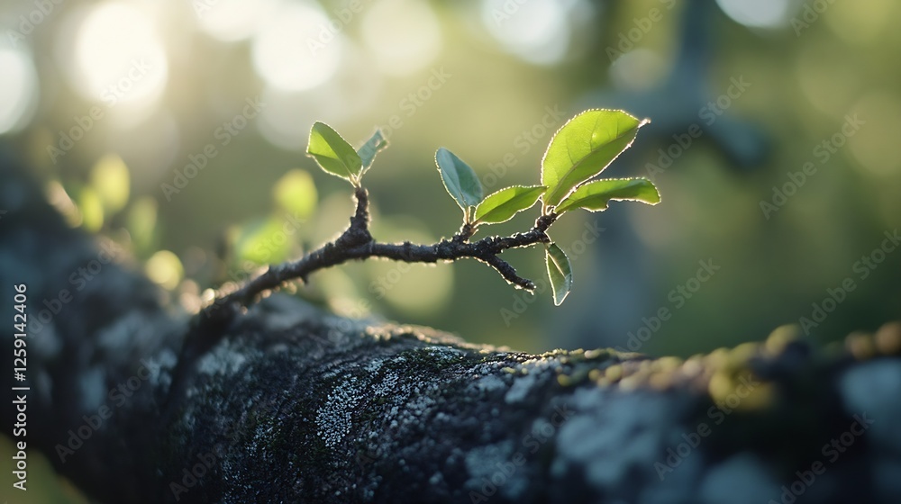 Poster Close up of green leaves on a tree branch illuminated by sunlight creating a serene atmosphere : Generative AI