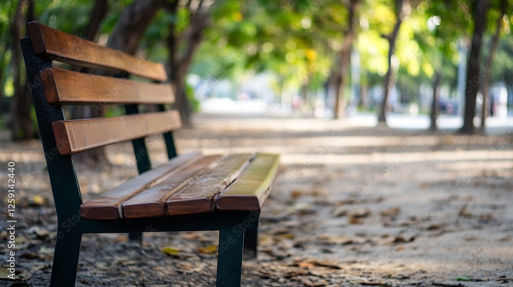 Poster serene park bench surrounded by lush trees in a natural setting offering tranquility and peaceful mo